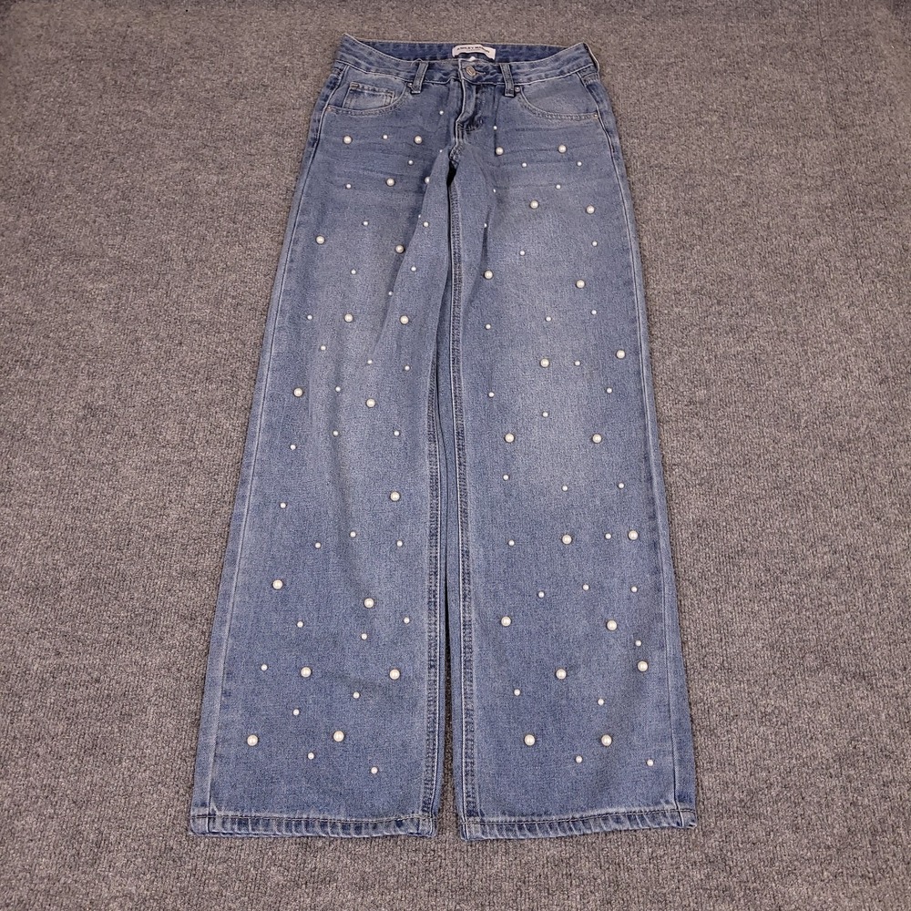 Ashley Mason Wide Leg Jeans Pearl Embellished Womens 28x31.5 Blue High Rise